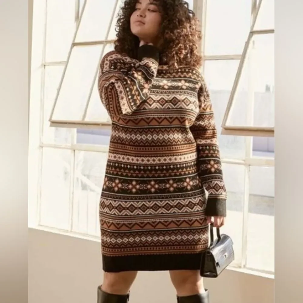 Forever 21+ Womens Plus Size 3X Fair Isle Sweater Mock Neck Dress Tunic - Picture 1 of 6